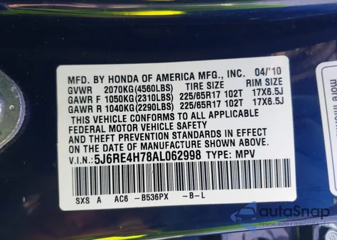 2010 Honda Cr-V Ex-L from USA, damaged, VIN 5J6RE4H78AL062998